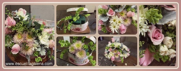 arreglo de flores vintage en caja de sombrero